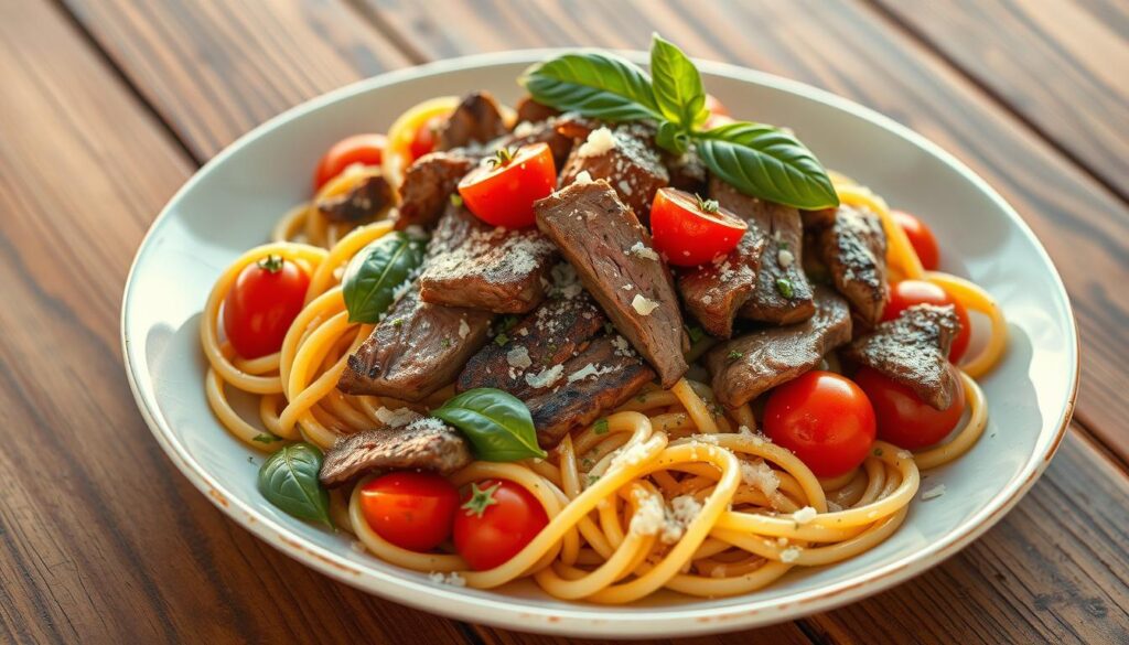 Mediterranean Steak Strip Pasta Dish Mediterranean Steak Strip Pasta Dish